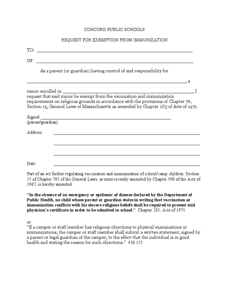 Concord, Massachusetts Public Schools Exemption From Immunization 