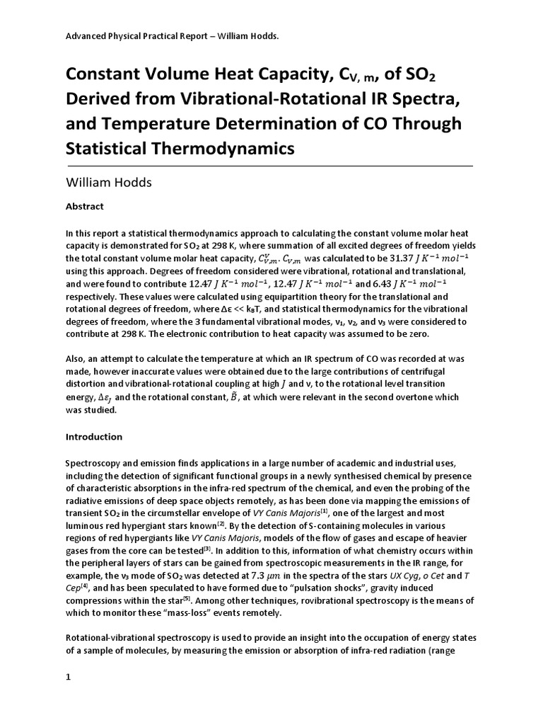Constant Volume Heat Capacity Cv M Of So2 Derived From Vibrational Rotational Ir Spectra And Temperature Determination Of Co Through Statistical Thermodynamics Heat Capacity Energy Level