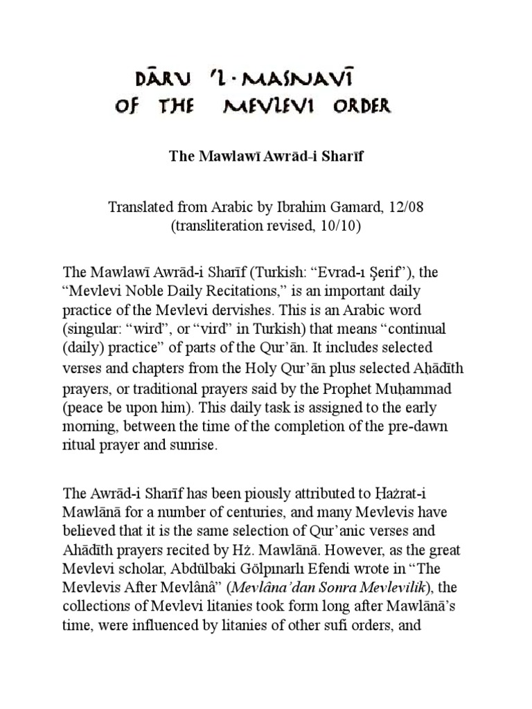 Mevlevi Daily Recitations Overview | PDF | Rumi | Religious Belief And ...