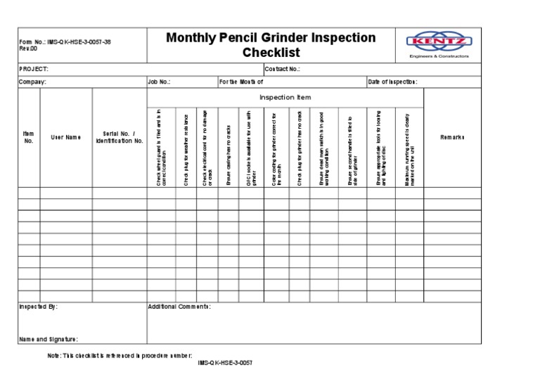 Monthly Pencil Grinder Safety Checklist | PDF | Business | Computers