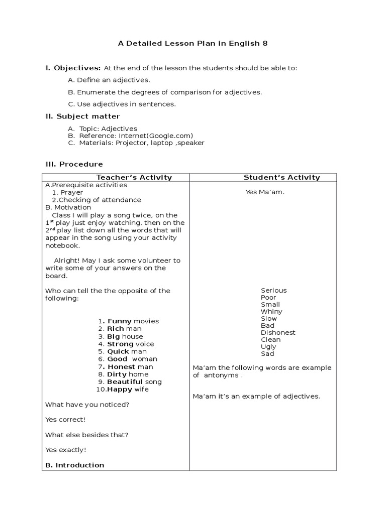 A Detailed Lesson Plan In English 8 Adjective Language Mechanics