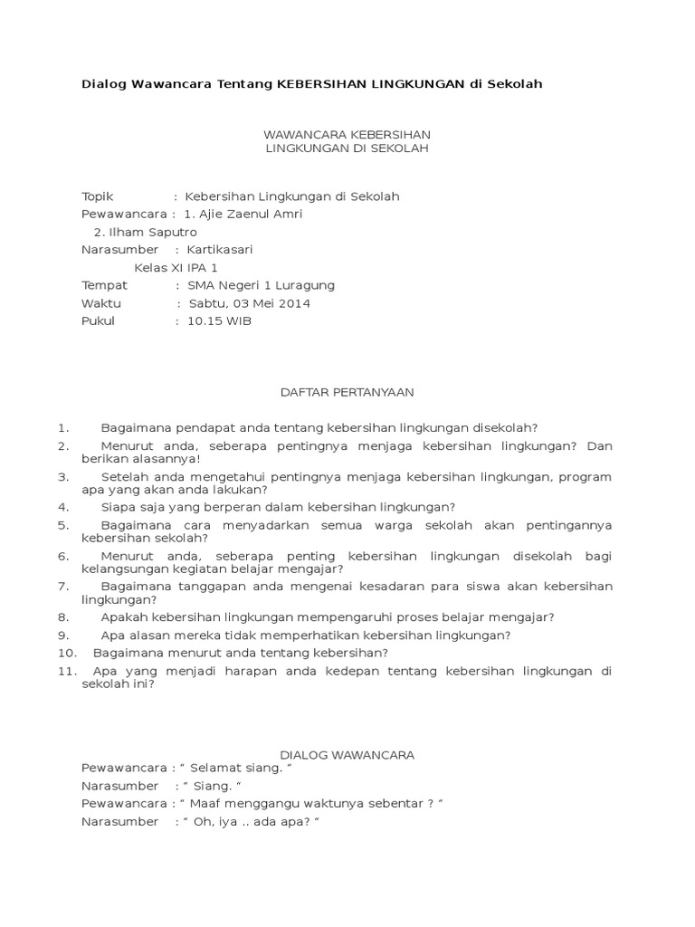 Dialog Wawancara Tentang Kebersihan Lingkungan Di Sekolah
