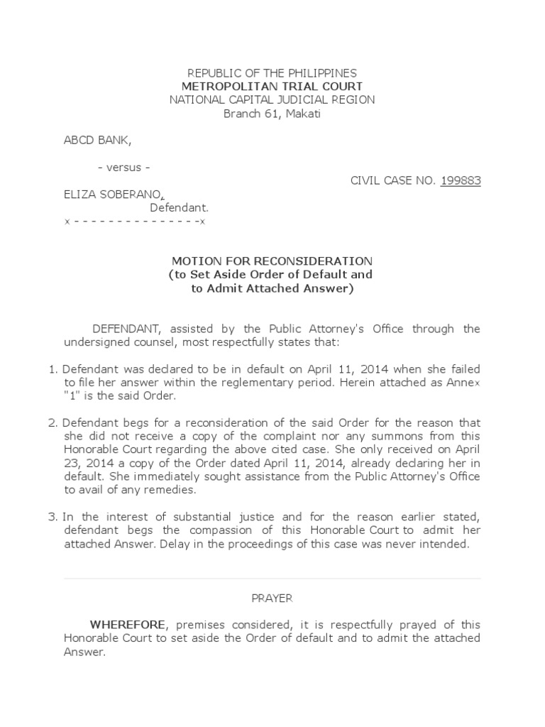 Motion to Set Aside Default Judgment | PDF | Law | Home & Garden
