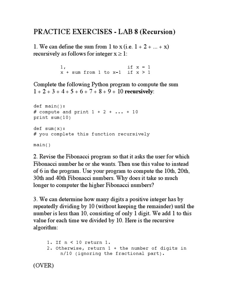 Practice Exercises - Lab 8 (Recursion) | PDF | Teaching Methods & Materials