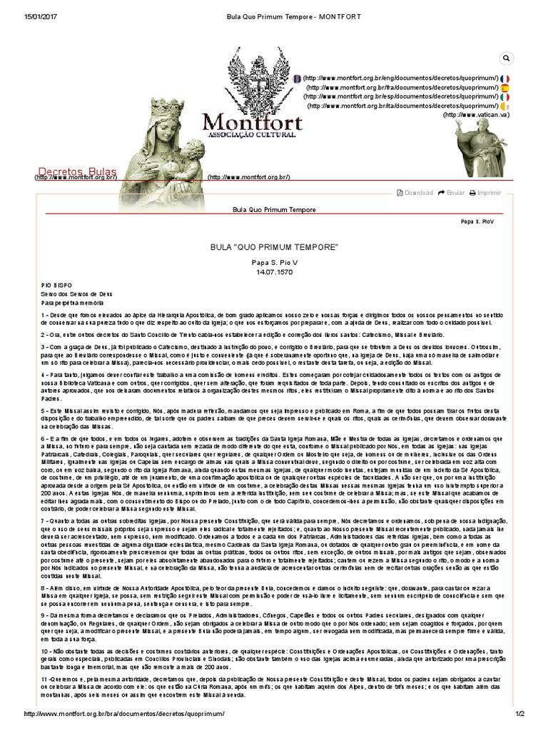 Bula Quo Primum Tempore MONTFORT PDF Papa Missa (liturgia)
