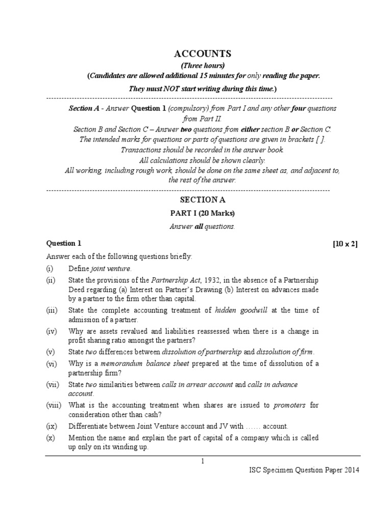 Isc Specimen Question Paper Accounts 2014 PDF Balance Sheet