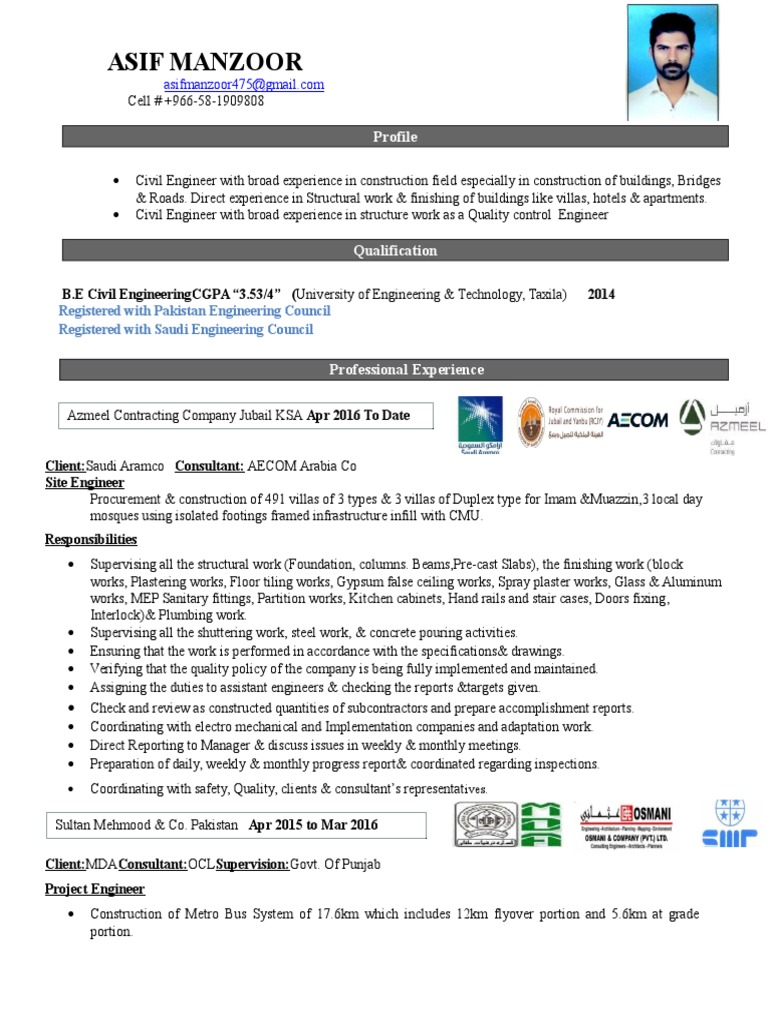 Civil Engineer Profile and Experience | PDF | Construction Aggregate ...