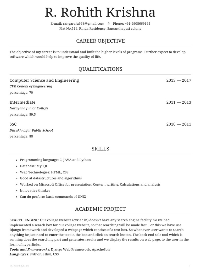 Career Objective Computer Science and Engineering 2013 2017 PDF