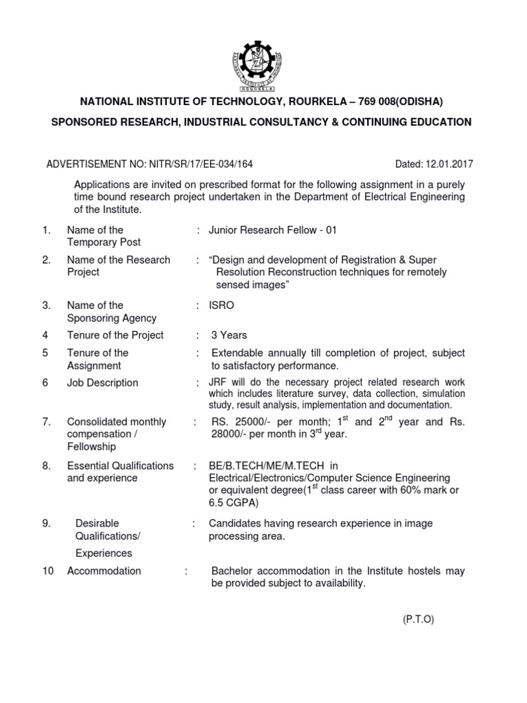 Notification NIT Rourkela JR Research Fellow Posts 1 | PDF | Science ...