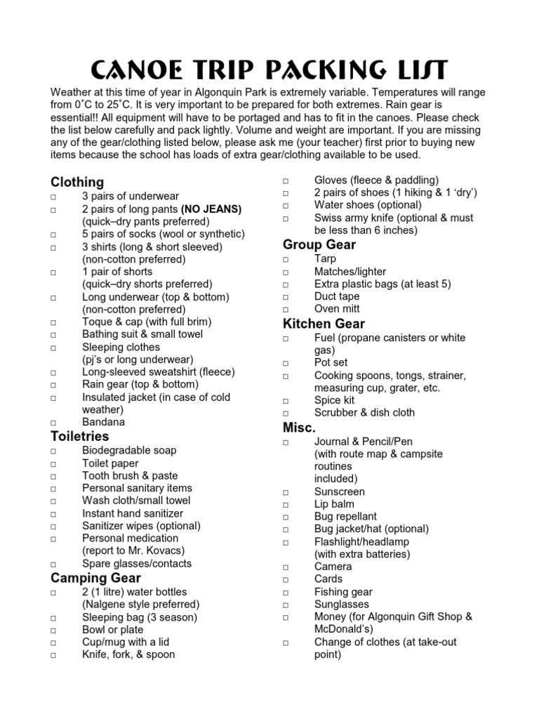 Canoe Trip Packing List Algonquin PDF Consumer Goods Clothing