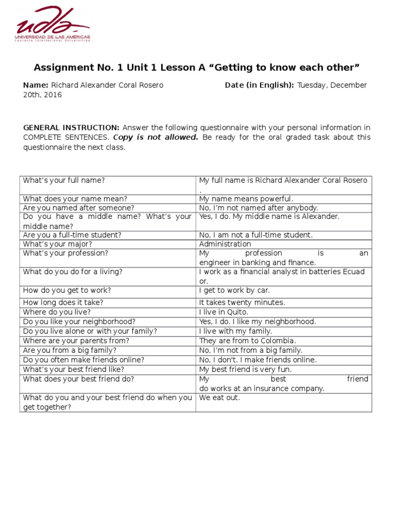 Assignment No. 1 Lesson A Unit 1 | PDF | Language Arts & Discipline
