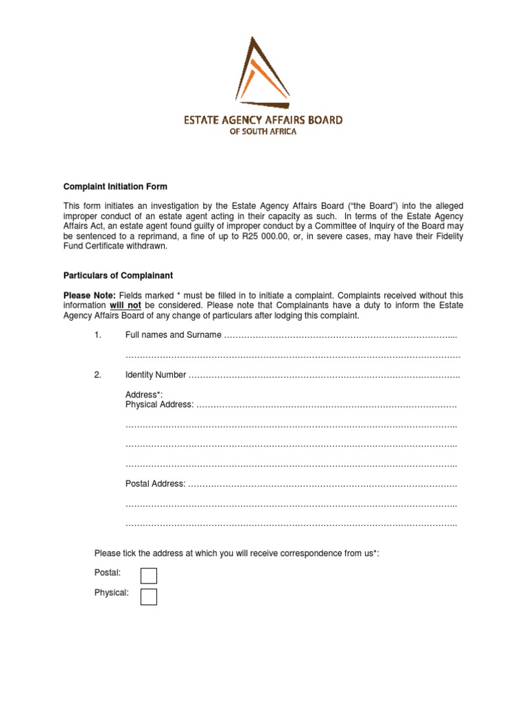 Estate Agents Affairs Board Complaints Form Notary Public Complaint