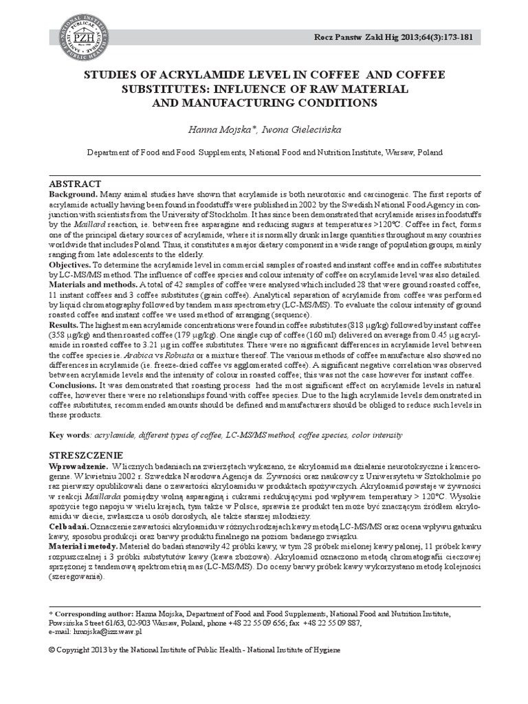 Studies of Acrylamide Level in Coffee and Coffee Substitutes Influence