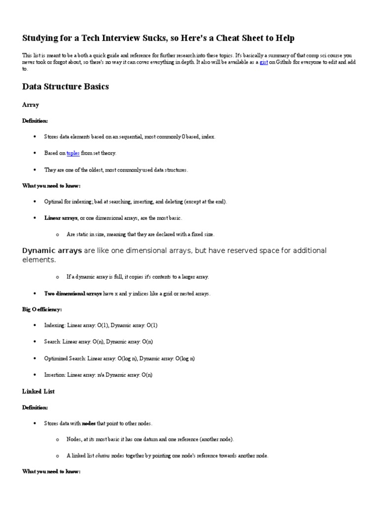Tech Interview Cheat Sheet: Data Structures | PDF | Array Data ...