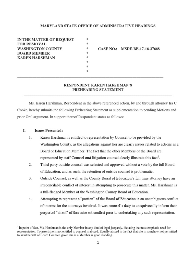Harshman's Prehearing Statement on Removal | PDF | Prosecutor | Lawyer