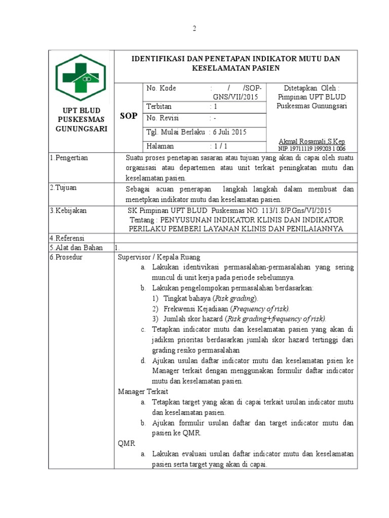 Sop Identifikasi Dan Indikator Mutu Dan