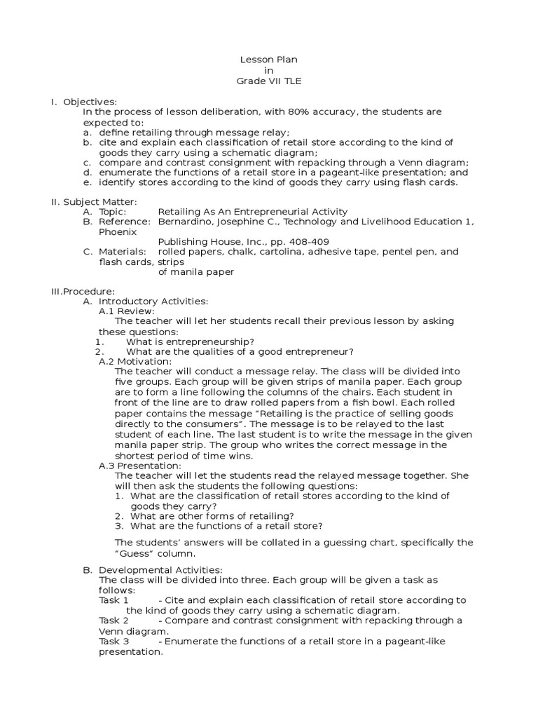 Lesson Plan in Retailing | PDF | Retail | Entrepreneurship