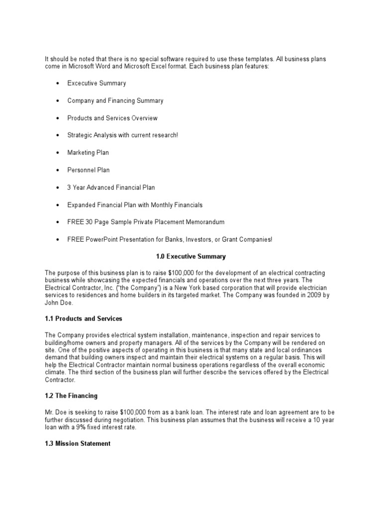 electrical engineering business plan sample