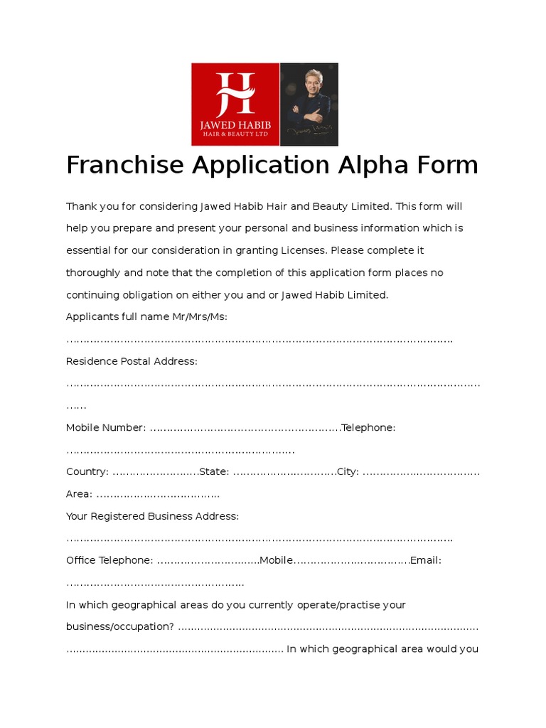 Franchise Application Form Jawed Habib Hair and Beauty Limited | PDF