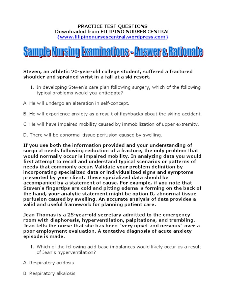 Sample Nursing Examinations  Cardiopulmonary 
