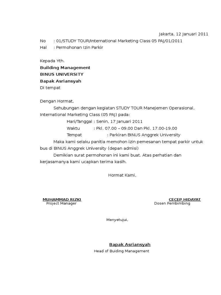 Contoh Surat Permohonan Izin Penggunaan Tempat Parkir Nusagates