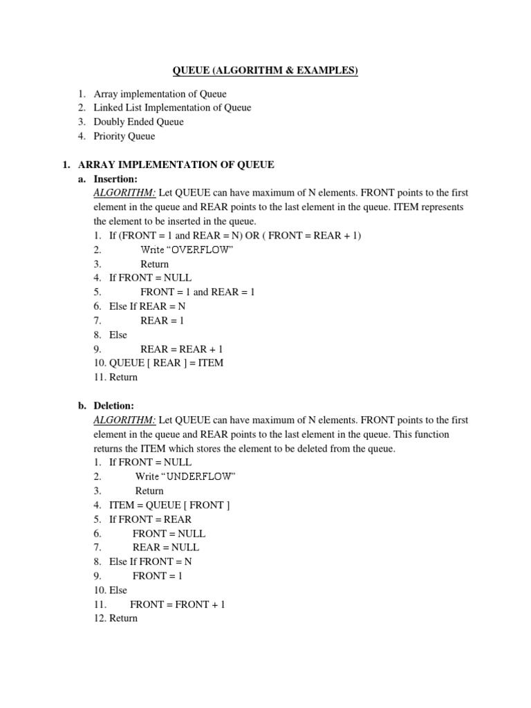 Queue (Algorithm & Examples) : ALGORITHM: Let QUEUE Can Have Maximum of ...