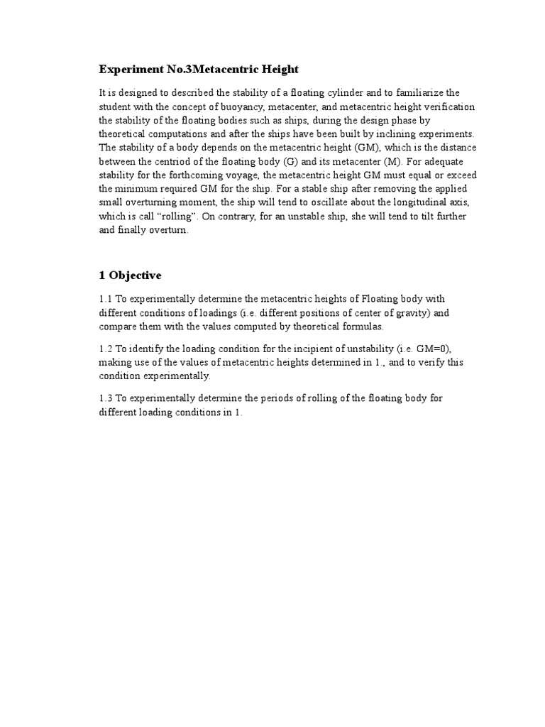 Experiment No - 3metacentric Height | PDF | Buoyancy | Center Of Mass