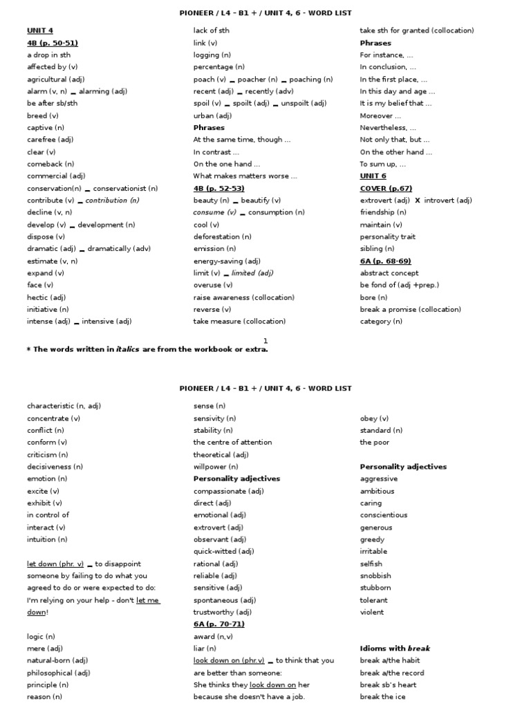 l4 - q1 - Pioneer - Unit 4, 5 - Word List | PDF