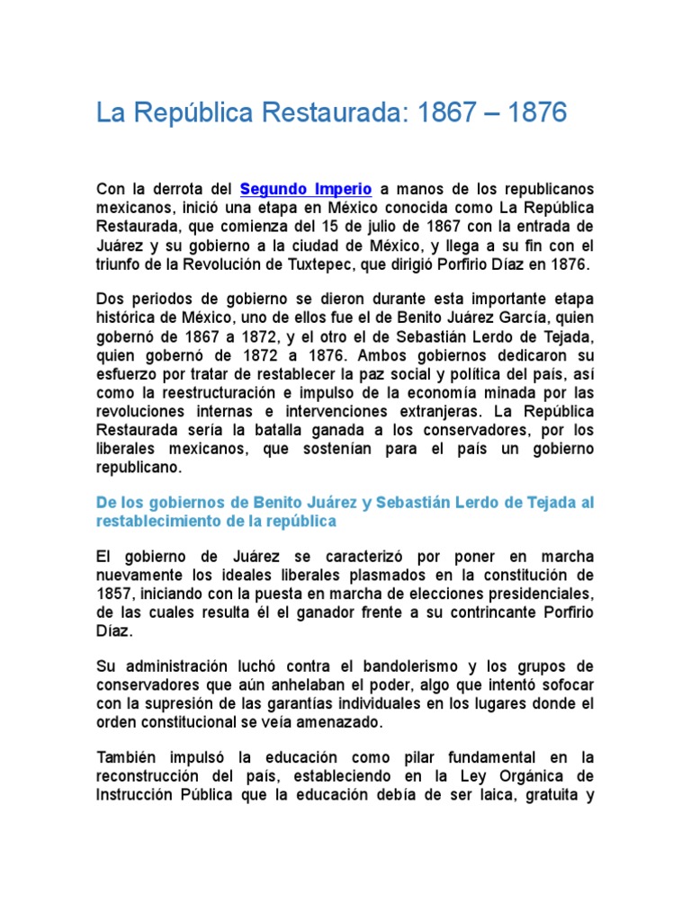 La República Restaurada Gobierno Política