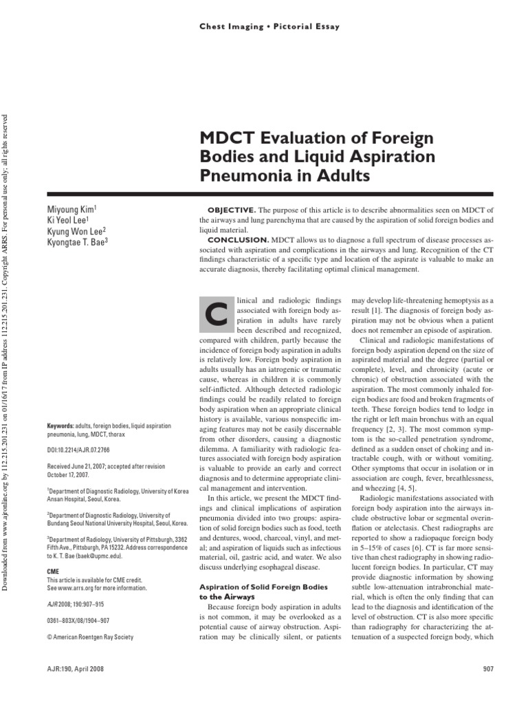 MDCT Evaluation of Foreign Bodies and Liquid Aspiration Pneumonia in