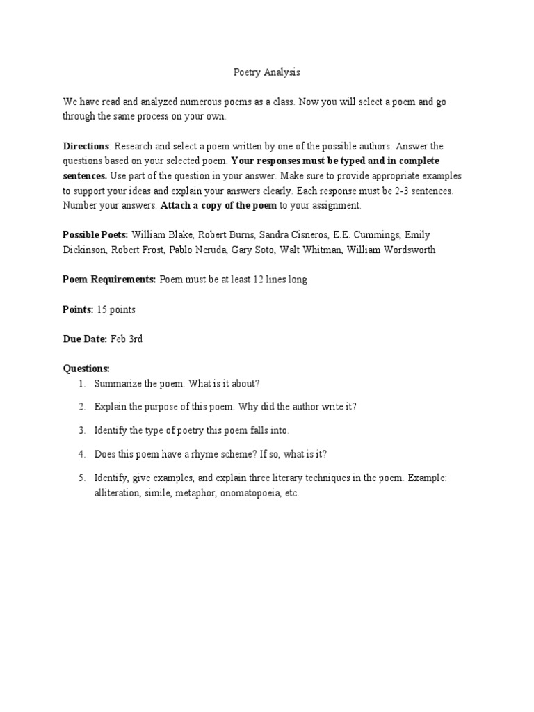 Poetry analysis essay assignment sheet picture