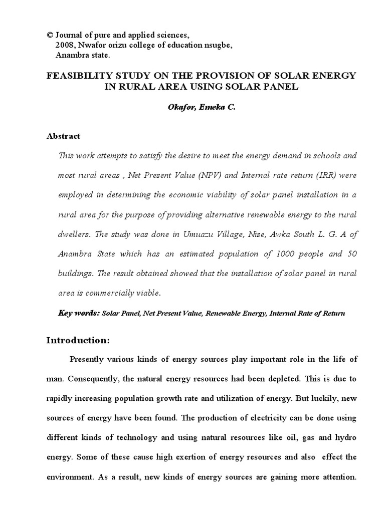 Feasibility Study On The Provision of Solar Energy in Rural Area Using ...