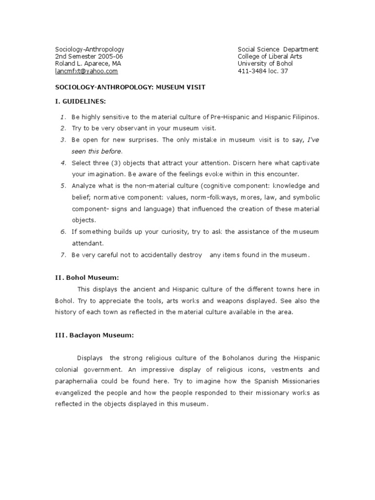 Sociology Anthropology Museum Visit I Guidelines Pdf