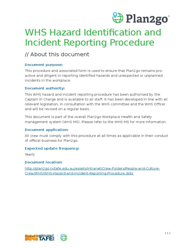 WHS Hazard Identification and Incident Reporting Procedure First Aid