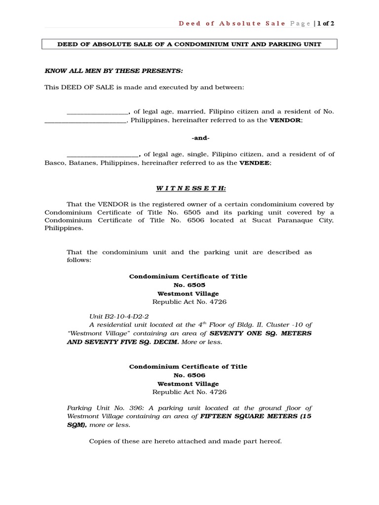 Deed of Absolute Sale of a Condominium Unit and Parking Unit