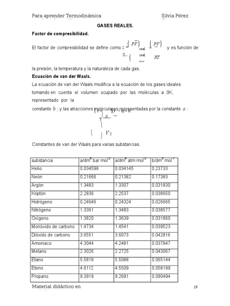 Constantes de Gases Reales y Van der Waals | PDF | Gases | Física ...