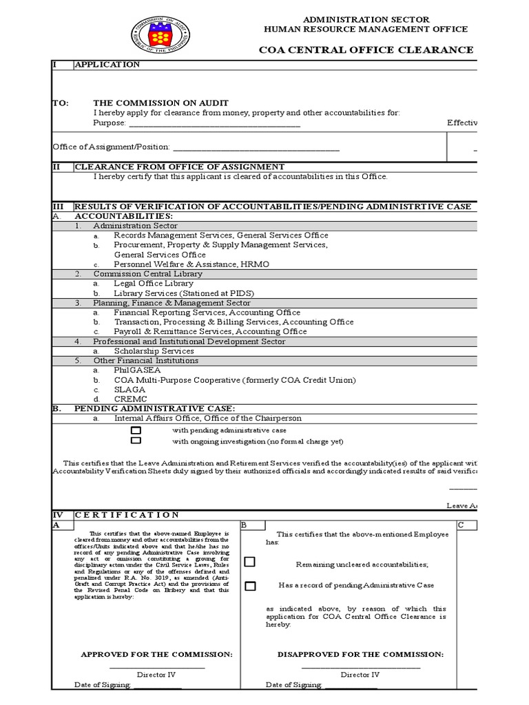 COA Central Office Clearance Accounting Government