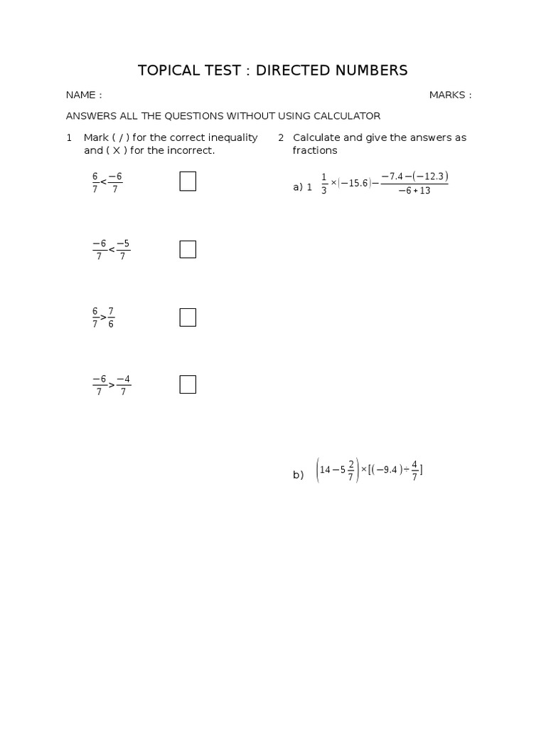 TOPICAL TEST Directed Numbers | PDF
