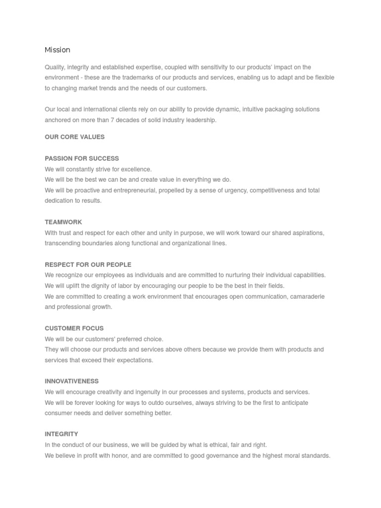 Mission Our Core Values Passion For Success Pdf