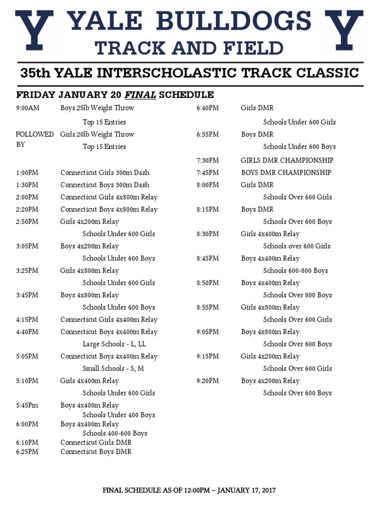 Yale Track Classic Final Schedule PDF Track And Field Sport Of
