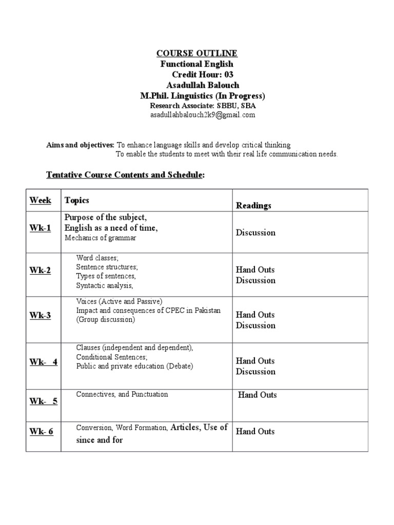 Functional English Course Outline English Language Sentence Linguistics 