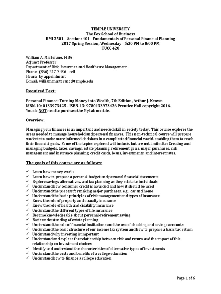 RMI 2501 Personal Finance Planning Syllabus PDF Personal Finance