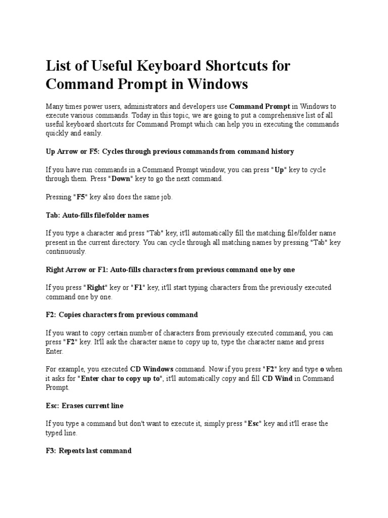 List of Useful Keyboard Shortcuts For Command Prompt in Windows | PDF ...