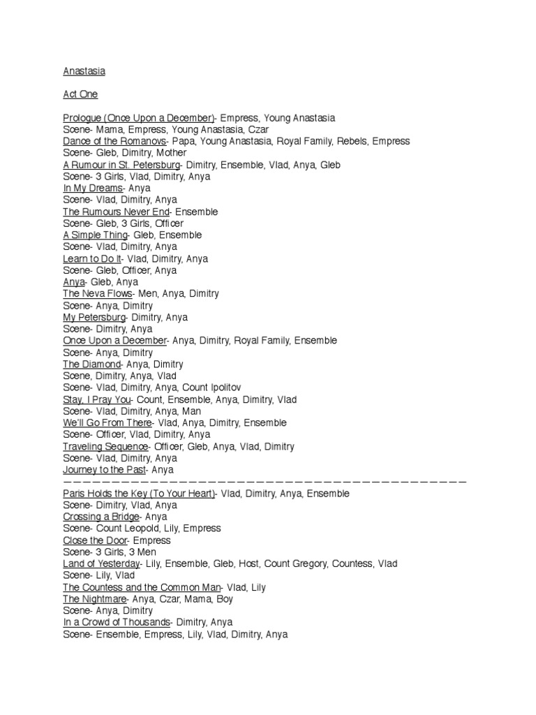 Anastasia Scene List | PDF