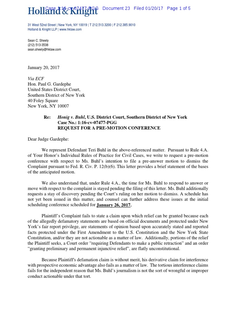 Letter for Pre-Motion to Dismiss Conference 1.20.17 | Defamation | U.S ...