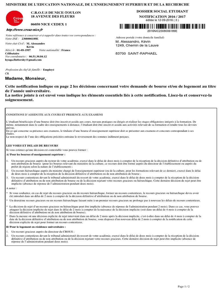 Quels sont les documents à fournir pour la demande de bourse crous