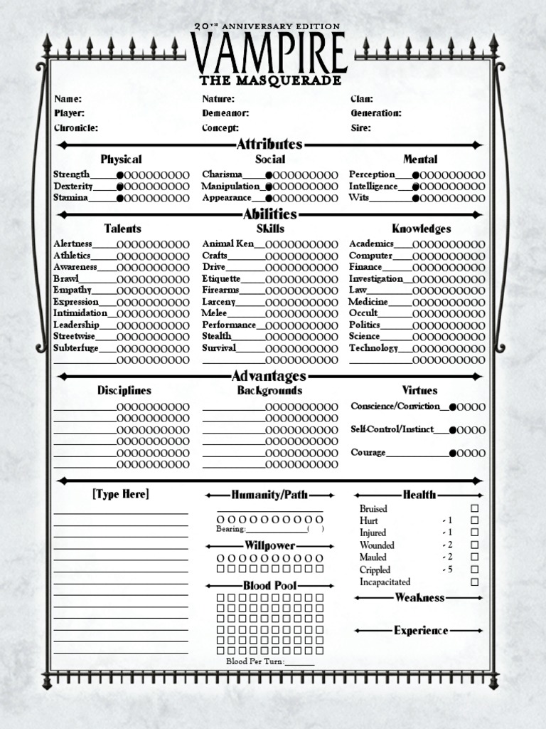 Vampire The Masquerade Revised Characther Sheet