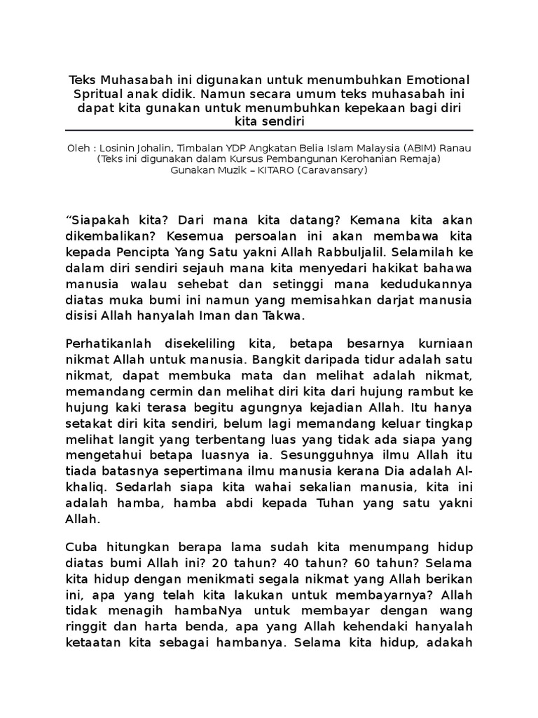 Teks Muhasabah Ini Digunakan Pada Malam Penghayatan Untuk Menumbuhkan Emotional Spritual Anak Didik Pdf