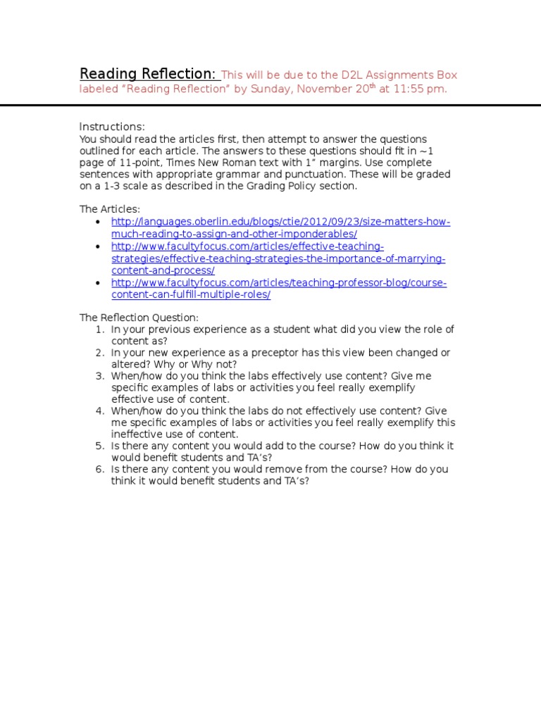Reading Reflection | Critical Thinking | Lesson Plan
