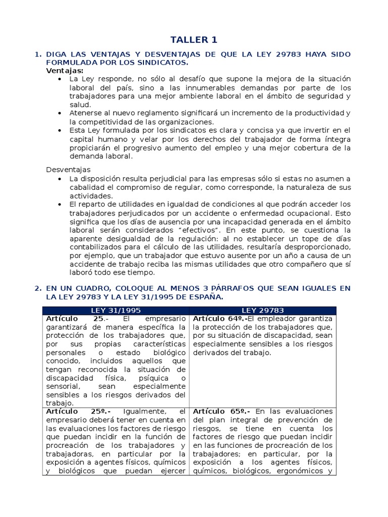 Ventajas y Desventajas de la Ley 29783 | PDF | Derecho laboral | Invalidez